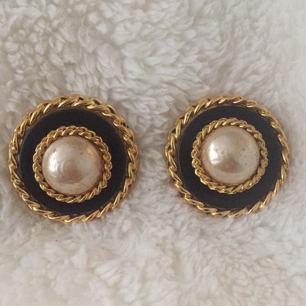 Chanel Black and Golden Earrings w/ Faux Pearls